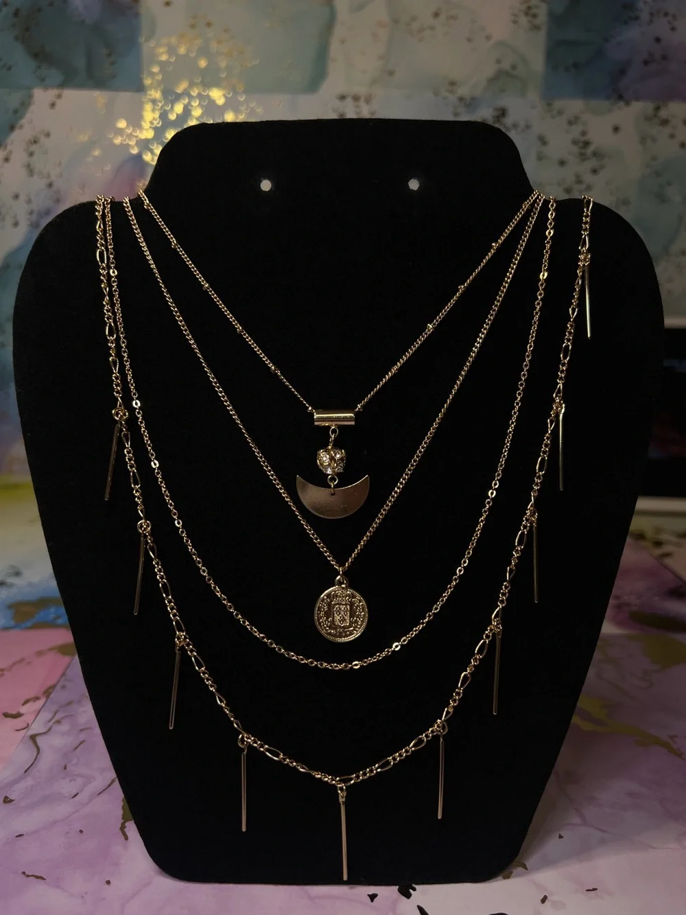 Gold 4 Layered Crescent & Coin Pendant Necklace Set - Picture 9 of 10
